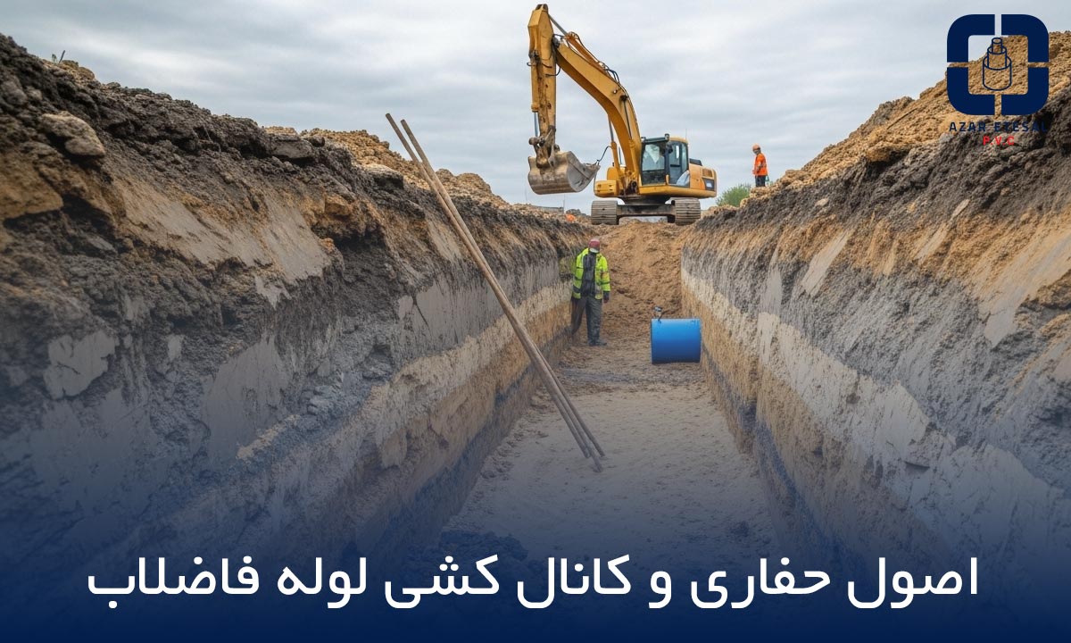 کانال حفر شده برای لولهکشی فاضلاب زیرزمینی، نمایش انواع خاک و بیل مکانیکی در حال حفاری