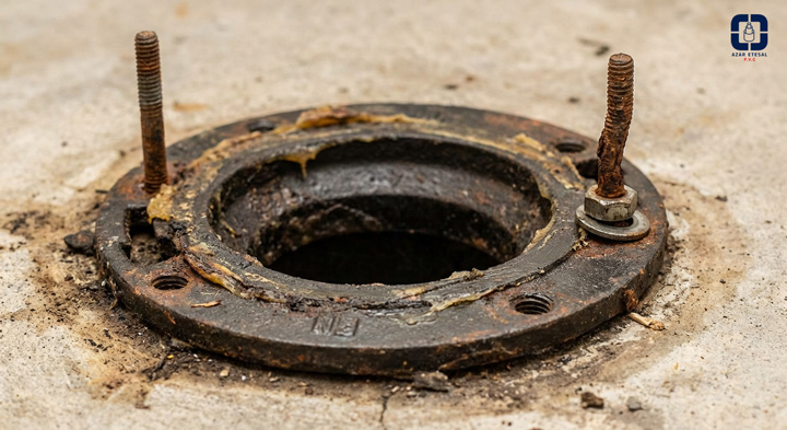 یک نمای نزدیک از فلنج توالت فرنگی که روی زمین نصب شده است. پیچ‌های T شکل (T-Bolts) که توالت را نگه می‌دارند به وضوح دیده شوند. یکی از پیچ‌ها کمی شل یا زنگ‌زده باشد.