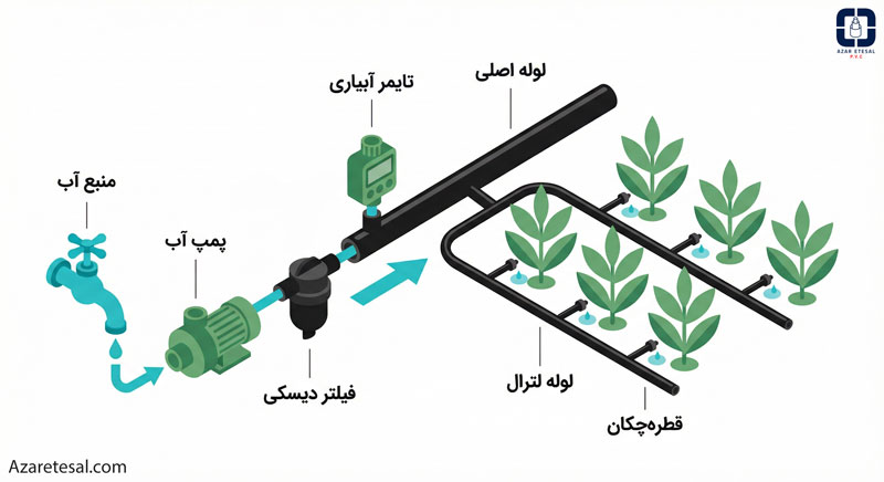  اینفوگرافیک ایزومتریک و تمیز روی پس‌زمینه سفید. اجزای سیستم آبیاری قطره‌ای به ترتیب از چپ به راست چیده شده‌اند: شیر آب، فیلتر مشکی، تایمر دیجیتال سبز، لوله سیاه اصلی و انشعاباتی که به پای گیاهان می‌رسد.